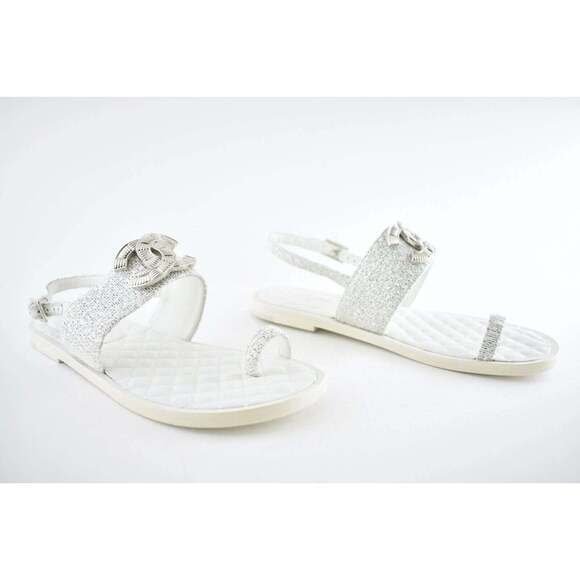 Chanel 19C White Silver Fantasy Fabric CC Logo Ankle Strap Toe Sandal Flat 40.5c - Picture 4 of 12
